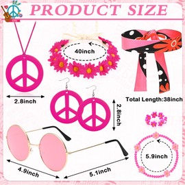 UxClishe 9 Pcs 1970s Women Hippie Costume Set for Women, 70s Retro Hippy Costume Outfit with Flared Pants for Women Dress Up-XL