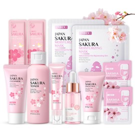 Sakura Sakura Gesichtspflege Set 11pcs Feuchtigkeit Hautpflege Sets-Serum, Gesichtscreme,Reiniger,Toner,Augenserum, Mask,Schlammmaske, Geschenke Set für Gesicht Reinigung & Pflege (Rosa)