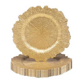 MAONAME 13" Gold Charger Plates Set of 10, Round Reef Chargers for Dinner Plates, Plastic Plate Chargers Bulk for Table Setting, Wedding Decor