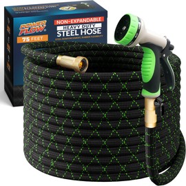 PowerFlow Garden Hose, NON-EXPANDABLE 75 Feet Premium Quality Stainless Steel Metal Water Hose with Durable Fabric Skin, Hose For Commercial, Residential Use, Bonus 10-way Spray Nozzle (75 Ft, Black)
