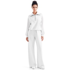 SUUKSESS Women 2 Piece Lounge Matching Sets Wide Leg Sweatpants Half Zip Oversized Sweatshirts (White, XS)