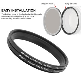 Cryfokt 55-55mm Magnetic Lens Filter Adapter Ring Kit, Metal Lightweight Convert Threaded Filter to Magnetic Filter Adapter, Magnetic Filter Step Up Adapter Ring