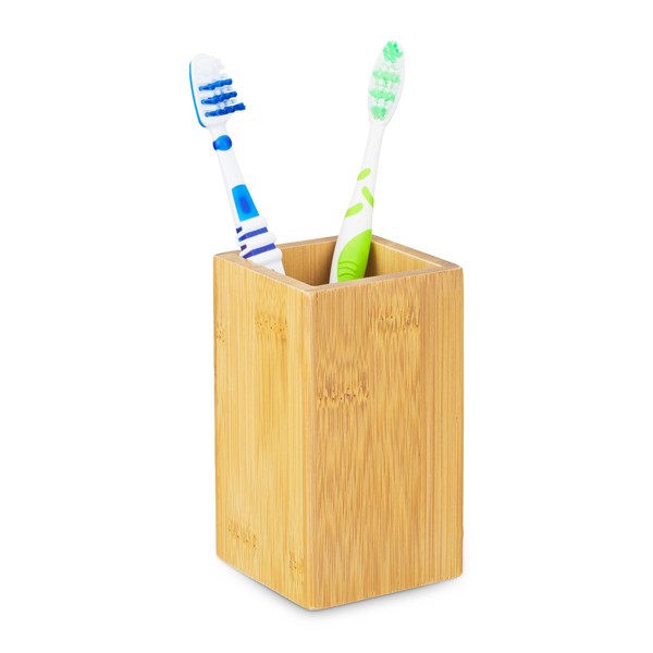 Relaxdays Toothbrush Holder, Square Design, Storage Pot, Caddy, Family, Pot, Bathroom, HxWxD 11 x 6.5 x 6.5 cm, Natural