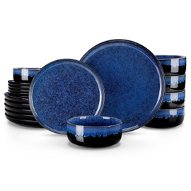 vancasso Starry 18 Pieces Dinnerware Sets for 6, Blue Reactive Glaze Dishes Sets, Ceramic Plates and Bowls Sets, Dinner Salad Dessert Plates, and Cereal Bowls Set, Dishwasher and Microwave Safe