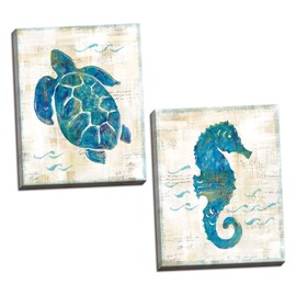 Gango Home Décor Lovely Nautical Turquoise and Cream Turtle and Seahorse Ocean Set by Sue Schlabach; Coastal Decor; Two 11x14in Canvases