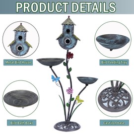 38" H Birdbaths for Outdoors,Metal Bird Feeder and Bird Houses for Outside,3-in-1,Garden Yard Decor