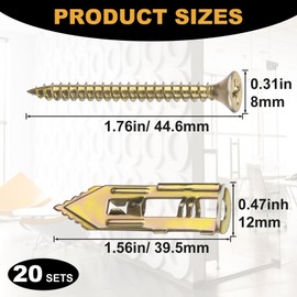 Mxxipp 20pcs Self-Drilling Drywall Anchors with Screw, Zinc Plated Steel Drywall Anchors and Screws Kit, Heavy Duty No Drill Dry Wall Expansion Screw for Hanging Frames Wall Lamps Curtains- Gold
