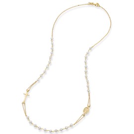 Miabella 18K Gold Over 925 Sterling Silver Handmade Italian White Freshwater Pearl Ball Beaded Sideways Rosary Cross Necklace for Women, Made in Italy (Length 20 Inch)