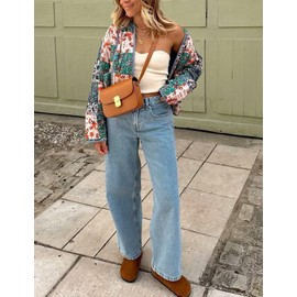 Wyeysyt Women's Cropped Puffer Quilted Jacket Cardigan Floral Printed Lightweight Long Sleeve Open Front Short Padded Coats(03Blue-L)