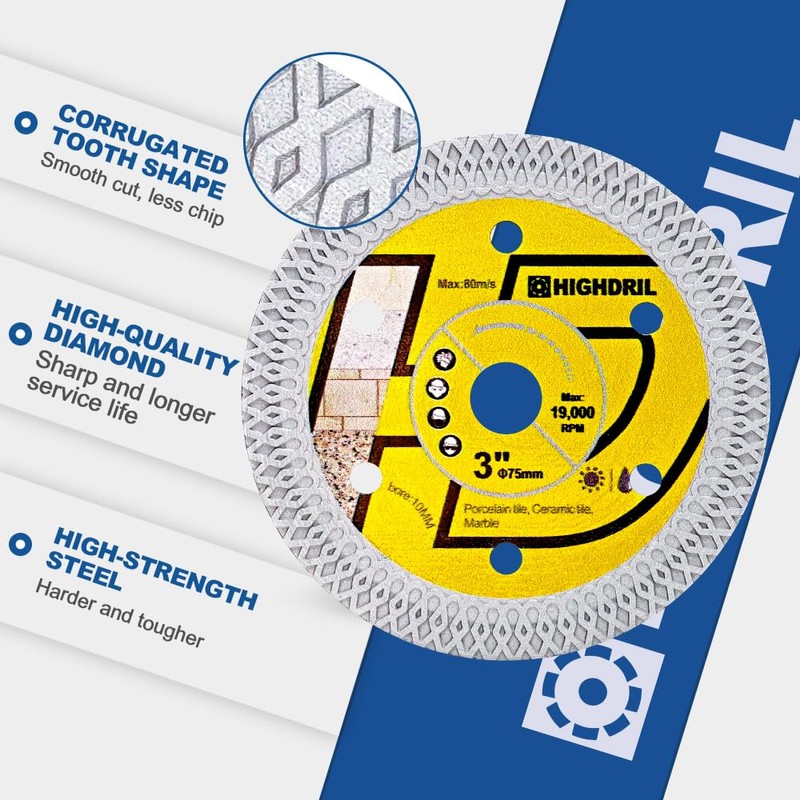 HIGHDRIL Diamond Tile Blade 3" 75mm x Arbor 3/8" 10mm