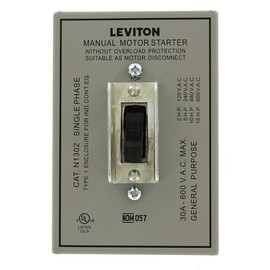 Leviton N1302-DS 30 Amp, 600 Volt, Toggle In Type 1 Enclosure Double-Pole AC Motor Starter, Suitable as Motor Disconnect, Industrial Grade, Grounded, Gray