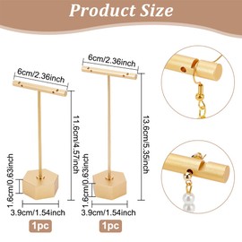 FINGERINSPIRE 2 x T-bar earring display stand, gold metal earring holder, jewellery tower holder, hanging jewellery organiser for retail show (hexagonal base, heights 11.7 cm and 13.7 cm)