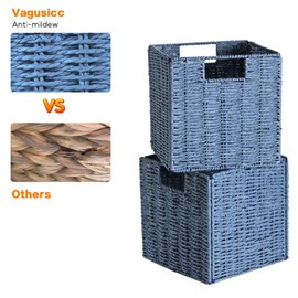 Vagusicc Wicker Storage Basket, Set of 2 Hand-Woven Storage Baskets for Shelves with Handles, Foldable Cube Storage Bins Organizer, Blue 13x13 Inch Large Wicker Baskets for Pantry Bedroom Decor, Blue
