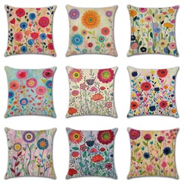 Ohok Set of 9 Decorative Cushion Covers with Motif, 45 x 45 cm, Polyester Linen Decorative Cushion Covers, Modern Decorative Cushion, Sofa Cushion Cover Set for Living Room, Bedroom, Sofa, Couch