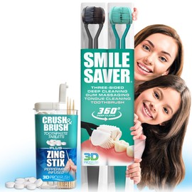 SMILE SAVER 360° 3-Sided Toothbrush 2PK + Toothpaste Tablets + Zing Stix Peppermint Infused Toothpicks | Gum Massage & Tongue Cleaner | Easily Brush Better Adults Kids Children Braces Travel Gift USA