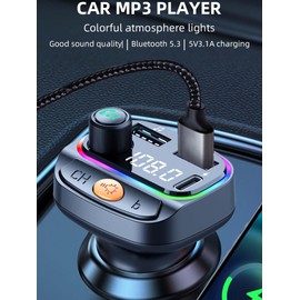 Bluetooth 5.3 FM Transmitter for Car, Wireless Car Adapter with QC 3.0 Fast Charging & PD 30W Type-C, Hands-Free Calling, U Disk Playback, EQ Sound Mode, 7-Color Ambient Light for Driving & Travel