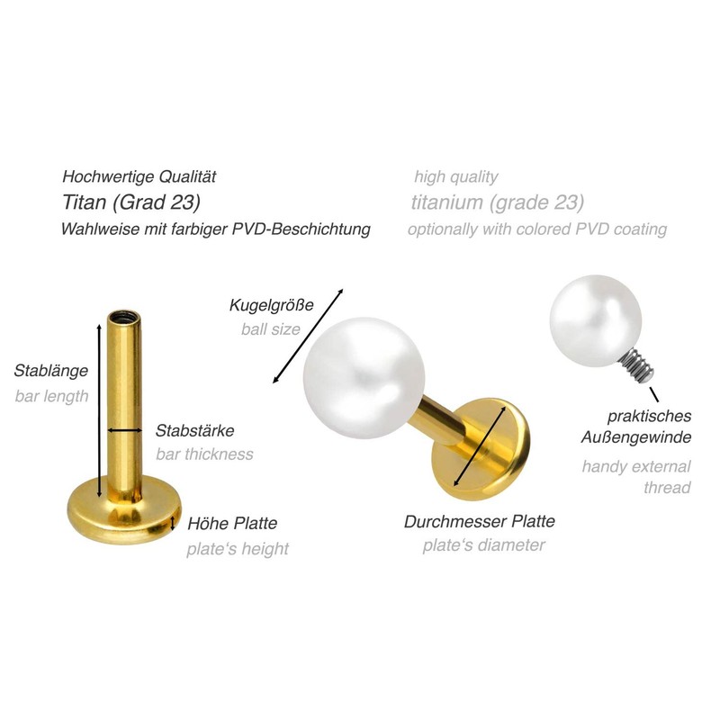 PIERCINGLINE Titanium Labret with Internal Thread Synthetic Pearl Piercing Ear