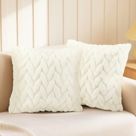 EZESO Soft Plush Cushion Covers, Set of 2 Neutral Decorative Square Leaf Velvet Throw Pillow Cover 45 x 45 cm with Smooth Zip for Sofa Bedroom Car Home Decor (White)