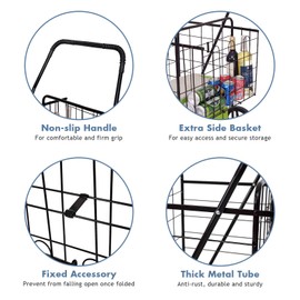 S AFSTAR Folding Shopping Cart, Metal Grocery Cart w/Extra Basket & 360° Swivel Wheels & Non-Slip Handle, Heavy Duty Utility Cart for Grocery Laundry Book Luggage (Black)