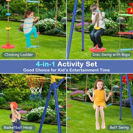 Costzon 660 lbs Swing Sets for Backyard, 4-in-1 Heavy Duty Large Metal Swing Frame with Adjustable Swing, Basketball Hoop, Climbing Rope, Climbing Ladder, Outdoor Playground Playset, Gift for Kids