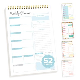 Decorably 52 Sheets Blue Undated Weekly Planner Notepad Small - 6.5x10in Spring-Bound, Easy Tear-Off Design, with Focus, Priorities, to-do List, Habit Tracker, Notes and Doodles - Home, School, Office