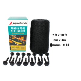 AlpineReach Koi Pond Netting Kit 7 x 10 ft Black Heavy Duty Woven Fine Mesh Net Cover for Leaves - Protects Koi Fish from Blue Heron Birds, Cats & Predators – Reusable & Stakes Included