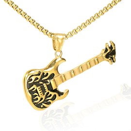 PikaLF Men's Punk Guitar Pendant Necklace Viking Hip Hop Jewelry for Men Boys, Gold, Stainless Steel, Retro, 60 cm Chain, 12.8g, Anniversary, Music, Necklace