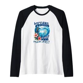 In Oceans Deep Christian Faith Isaiah 42:3 Bible Beach Wave Raglan Baseball Tee