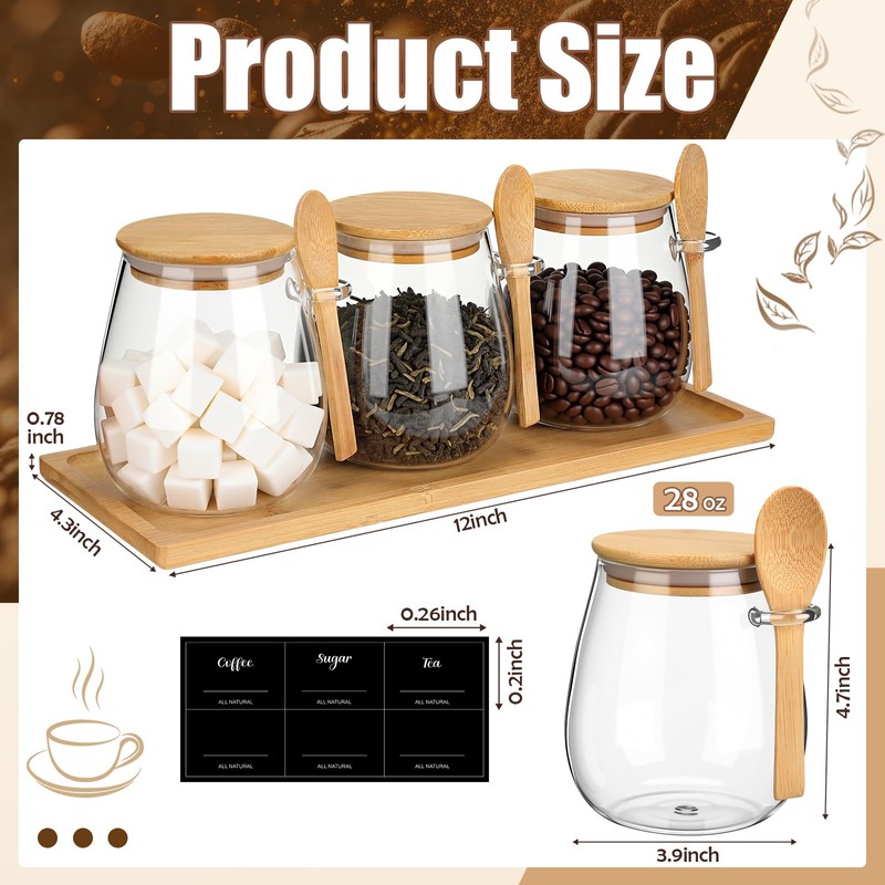 Suclain 3 Pcs Glass Coffee Container with Wooden Lid Spoon