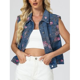 LifeShe Denim Vest Women Sleeveless Casual Floral Printed Jean Waistcoat Jacket