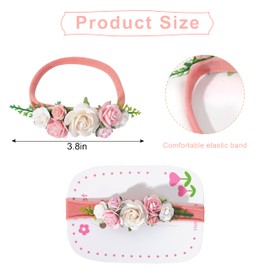MADENG Baby Flower Headband - Newborn Birthday Baby Shower Party Decorations, White Pink Floral Headband, Baby Girl Floral Headband Photo Prop, Newborn Flower Elastic Headdress