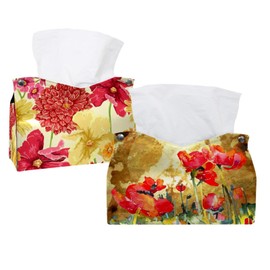 2 Pack Tissue Box Cover Holder, Watercolor Poppy Flower Rectangle Leather Tissue Case, Decorative Organizer for Tabletop, Bathroom, Car, Office