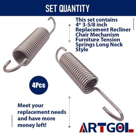 Artgol 4 Pcs 3-5/8 inch Replacement Recliner Chair Mechanism Furniture Tension Springs Long Neck Style - Catnapper/Flexsteel Recliner Springs Replacement - Recliner Spring Mechanism Parts