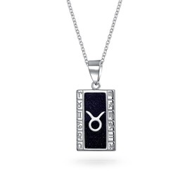 Navy Blue Goldstone Taurus Zodiac Sign Astrology Horoscope Dog Tag Pendant For Women Men Necklace .925 Sterling Silver