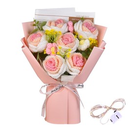 JYCASC Crochet Flower Bouquet with String Light, 6 Handmade Crochet Roses Pink Flower Bouquet, Knitted Bouquet, Fake Flower for Women's Day, Perfect for Holidays Anniversaries Weddings