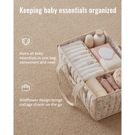 Blissful Diary Floral Diaper Caddy Organizer, Stylish Nursery Storage Basket, Gift for Baby Shower, Newborn Essentials, Floral Beige