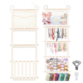 Munzong Headband Holder 52x17 inch, Hair Bow Organizer for Baby Girls, Beige Wall Hanging Wood Headband Organizers w/Storage Net, Hair Accessories Storage Hanger for Toddler Kids Nursery Room Decor