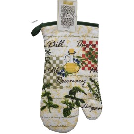 Homestyles Essentials of Cotton Valley Fabric Printed Oven Mitt (12") ROSEMARY OIL BOTTLE & OLIVES with green back, CV
