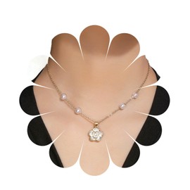 Cimenexe Bohemian Crystal Pearl Flower Choker Necklace Pearl Camellia Pendant Necklace Gold CZ Enamel Flower Necklace White Enamel Camellia Collar Necklace Jewellery for Women and Girls Gifts, Zinc,
