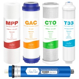 SimPure 5 Stage Reverse Osmosis Replacement Filter Set with 75 GPD RO Membrane, 5pc Pre & Post Replacement Cartridge Pack Kit for Standard 5-Stage Reverse Osmosis RO Systems