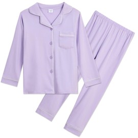 Aablexema Unisex Kids Pajamas Set Button-Down Long Sleeve Cotton Sleepwear Lounge Set(Purple,150/10-11y)