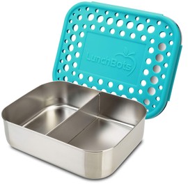 LunchBots Medium Duo Snack Container - Divided Stainless Steel Food Container - Two Sections for Half Sandwich and a Side - Eco-Friendly - Dishwasher Safe - Stainless Lid - Aqua Dots