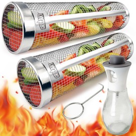[Upgraded] Grill Basket 2 Pcs (Size XXL), Dishwasher Safe Rolling Grilling Baskets for Outdoor Grilling, Stainless Steel BBQ Grill Basket for Veggies, Grill Nets Cylinder, Gifts for Men/Dad