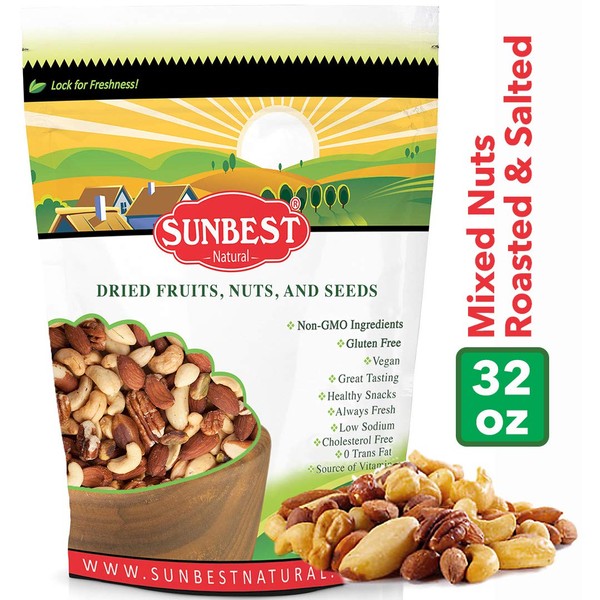 SUNBEST NATURAL Mixed Nuts Roasted & Salted (Cashews, Almonds, Brazil Nuts, and Pecans) (No Peanuts) ( 2 Lb )