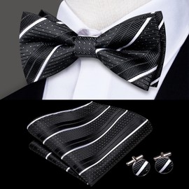 Hi-Tie Pre-Tied Bowties for Men Silk Bow Ties and Pocket Square Cufflinks Set Mens Wedding Party Formal,Black White
