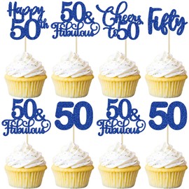 Paquete de 30 adornos para cupcakes de feliz cumpleaños 50 cumpleaños, color azul oscuro con purpurina de cincuenta vítores a 50 años de edad, para decoración de pasteles de cumpleaños 50 cumpleaños