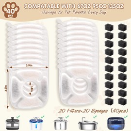 40Pcs Cat Water Fountain Filters, 20 Cat Water Fountain Replacement Filters With 20 Pre-Filter Sponges,Pet Fountain Replacement Filters Compatible With Veken 95Oz/67Oz/135Oz Cat Water Fountain(40)