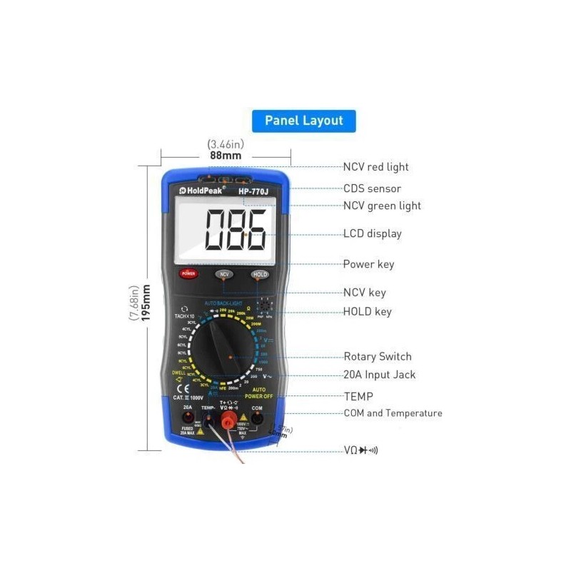 HoldPeak Digital Multimeter Automotive AC/DC Volt Amp Dwell Meter RPM
