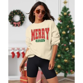 Zylkor Merry Christmas Sweatshirt for Women Christmas Vibes Sweater Holiday Christmas Tops Christmas Letter Printed Sweater Beige