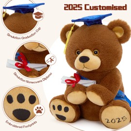 MorisMos Graduation Bear Class of 2025, 12" Graduation Gift Teddy Bear, Stuffed Animal Plush Toy with Cap&Diploma&Ribbon, Kindergarten High School College Celebration Party Gifts (Brown-Blue)